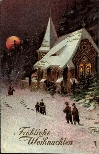Präge Ak Frohe Weihnachten, winterliche Kirche im Schnee, Mondschein