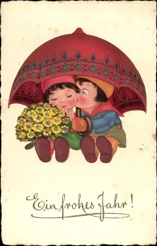 Ak Glückwunsch Neujahr, Kinder unter einem Schirm, Blumenstrauß