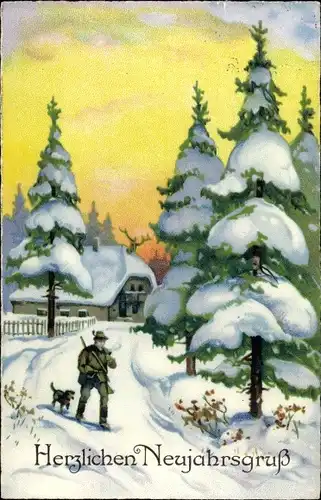 Ak Glückwunsch Neujahr, Jäger mit Hund, Winterlandschaft