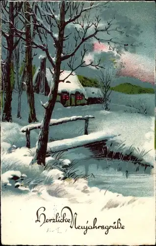 Ak Glückwunsch Neujahr, Winterlandschaft, Haus