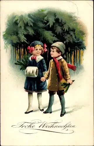 Ak Frohe Weihnachten, Kinder im Winterwald, Tannenzweige