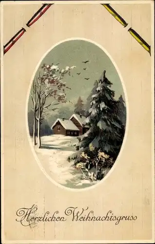 Präge Passepartout Ak Frohe Weihnachten, Winterlandschaft, Haus, Flaggenbänder 1. WK