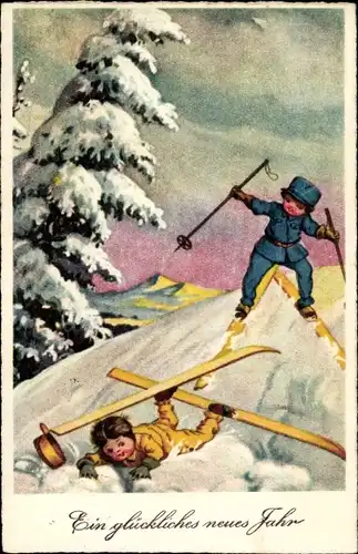 Ak Glückwunsch Neujahr, Unfall bei der Skifahrt