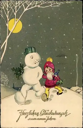 Ak Glückwunsch Neujahr, Mädchen, Schneemann, Sekt, Mond