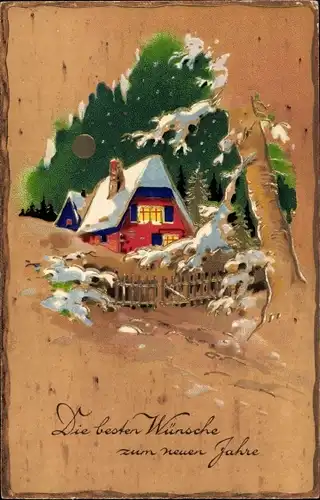 Ak Glückwunsch Neujahr, verschneites Haus, Mondschein