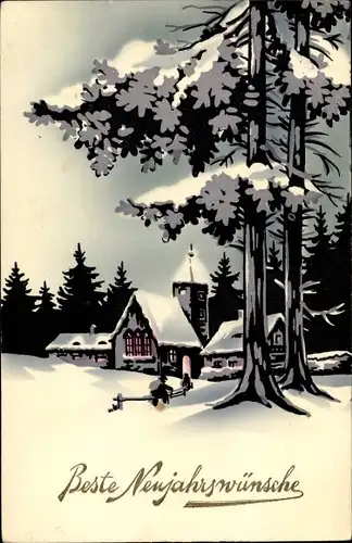Ak Glückwunsch Neujahr, Winterlandschaft, Kirche, Bäume