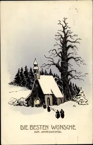 Ak Glückwunsch Neujahr, Winterlandschaft, Kirche, Baum