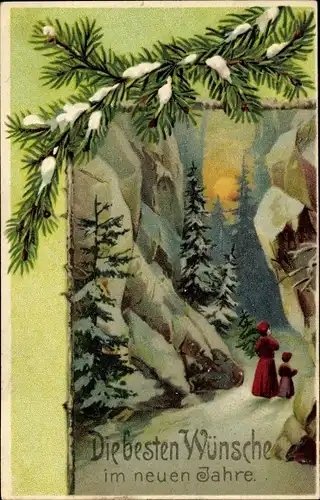 Ak Glückwunsch Neujahr, Spaziergang im Winterwald, Tannenbäume