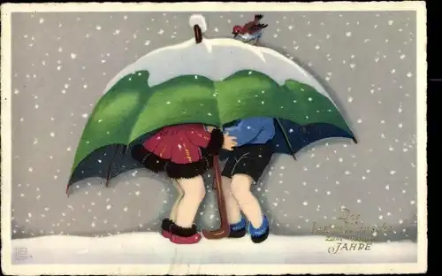 Künstler Ak Glückwunsch Neujahr, Liebespaar unter dem Regenschirm