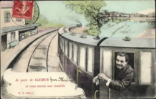 Ak Saumur Maine et Loire, Mann im Eisenbahnabteil, Bibliotheque