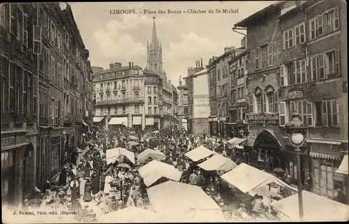 Ak Limoges Haute Vienne, Place des Bancs, Clocher de Saint Michel