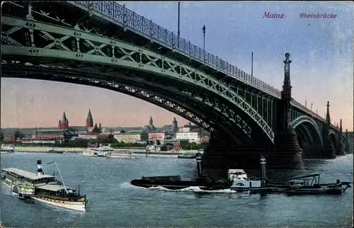 Ak Mainz am Rhein, Rheinbrücke, Dampfer