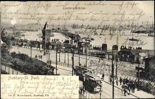 Ak Hamburg Mitte St. Pauli, Landungsbrücken, Straßenbahnen