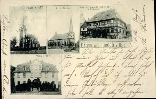 Ak Lindau am Harz, Gasthof zum Ratskeller, Kirchen, Villa Greve