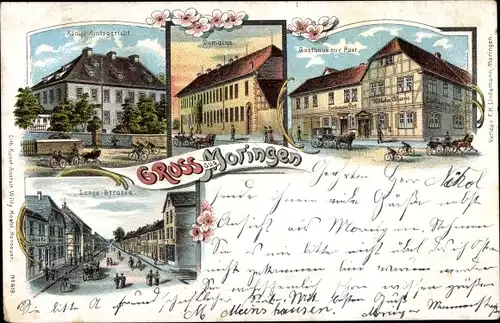 Litho Moringen im Solling Niedersachsen, Königl. Amtsgericht, Gasthaus zur Post, Lange Straße