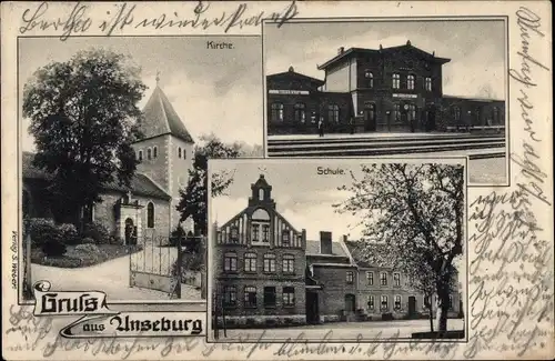 Ak Unseburg Bördeaue im Salzlandkreis, Bahnhof, Gleisseite, Schule, Kirche
