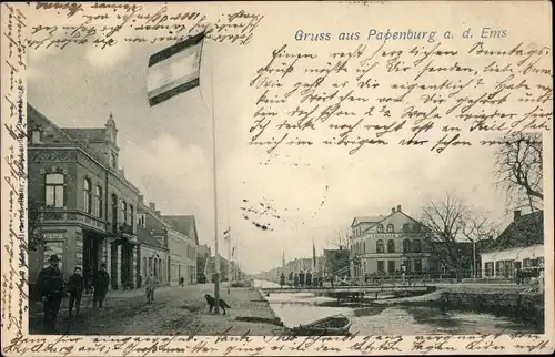 Ak Papenburg im Emsland, Straßenpartie, Fluss, Gasthaus, Fahne