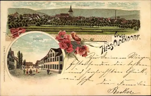 Litho Hessisch Oldendorf an der Weser, Marktplatz, Totalansicht