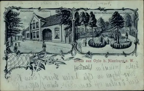 Litho Oyle Marklohe in Niedersachsen, Geschäftshaus und Gartenrestaurant