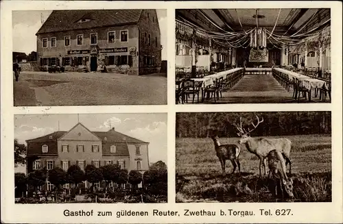 Ak Zwethau Beilrode in Sachsen, Gasthof zum güldenen Reuter, Innenansicht, Hirsche