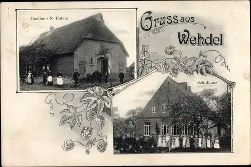 Ak Wehdel Schiffdorf Landkreis Cuxhaven, Gasthaus N. Ehlers, Schulhaus