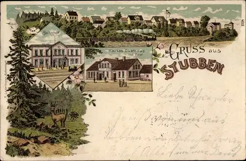 Litho Stubben Beverstedt in Niedersachsen, Bahnhof, Gleisseite, Horkes Gasthaus, Blick auf den Ort