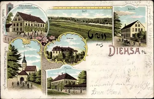 Litho Diehsa Waldhufen in der Oberlausitz, Schule, Schloss, Pfarre, Kirche, Gasthof