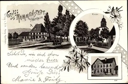 Litho Hammenstedt Northeim, Schule, Kirche, Fachwerkhaus