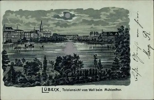 Mondschein Litho Lübeck in Schleswig Holstein, Totalansicht vom Wall beim Mühlentor