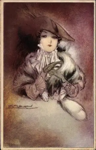 Künstler Ak Mauzan, Frau mit Pelzstola und Hut