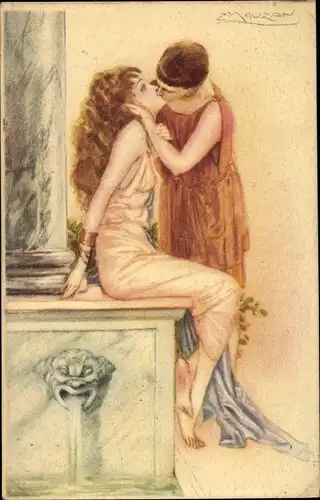 Künstler Ak Mauzan, Mann küsst Frau am Brunnen