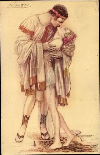 Künstler Ak Mauzan, Liebespaar, Kuss