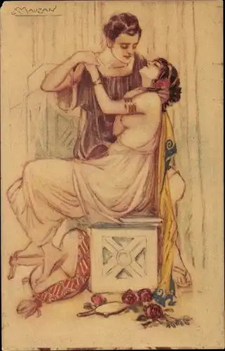 Künstler Ak Mauzan, Liebespaar, Busen, Rosen
