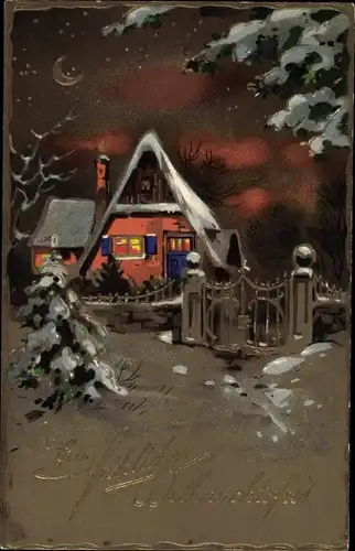 Ak Glückwunsch Weihnachten, winterliches Haus, Zaun, Tannenbaum