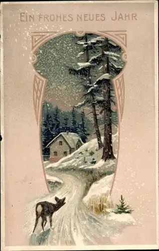 Präge Ak Glückwunsch Neujahr, Reh, Winterlandschaft, Haus, Bäume