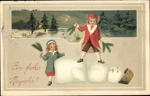 Präge Ak Glückwunsch Neujahr, Kinder, umgestürzter Schneemann