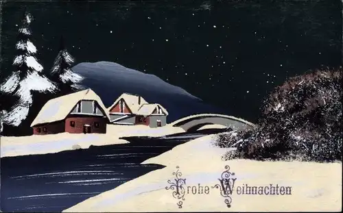 Ak Glückwunsch Weihnachten, Winterlandschaft, Fluss, Häuser, Bäume