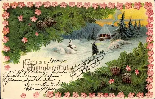 Ak Glückwunsch Weihnachten, Winterlandschaft, Jäger, Hund, Blumen, Zapfen