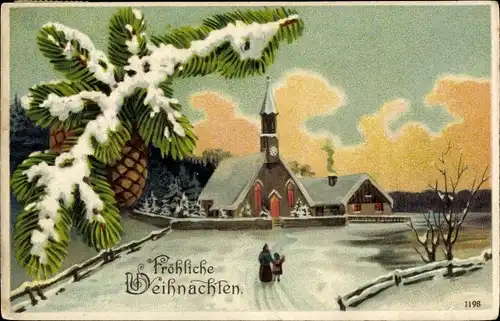 Präge Ak Glückwunsch Weihnachten, Verschneite Kirche, Tannenzweig