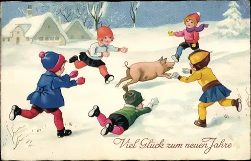 Ak Glückwunsch Neujahr, Kinder jagen ein Schwein