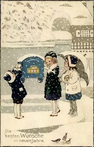 Ak Glückwunsch Neujahr, Kinder im Schneefall am Postbriefkasten, Schirm, Vögel