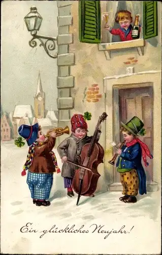 Ak Glückwunsch Neujahr, Musikanten vor einem Haus, Sektflasche, Trompete, EAS 1353