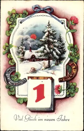 Ak Glückwunsch Neujahr, Kalenderblatt, Kleeblätter, Hufeisen