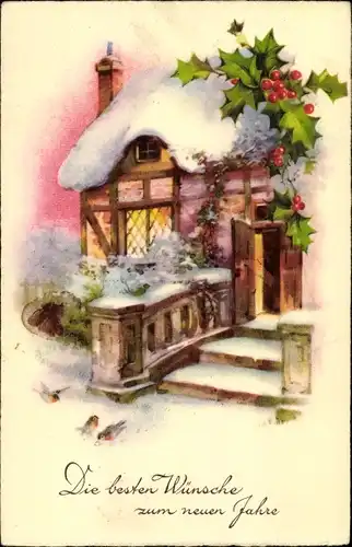 Ak Glückwunsch Neujahr, verschneites Haus, Stechpalmenzweige, Rotkehlchen