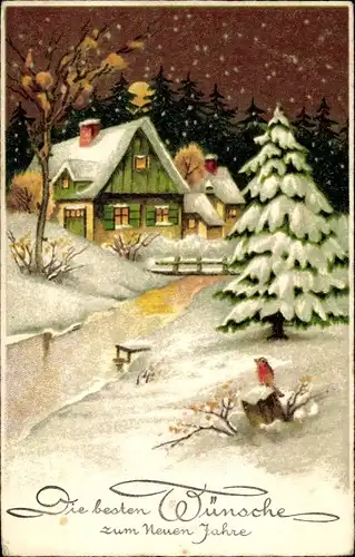 Ak Glückwunsch Neujahr, Winterlandschaft, verschneites Haus, Mondschein