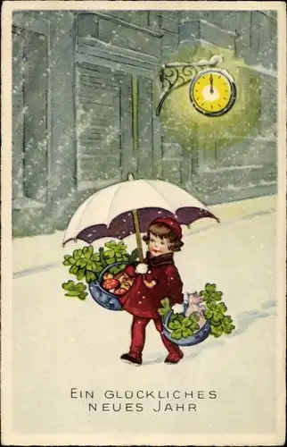 Ak Glückwunsch Neujahr, Mädchen mit Schirm, Kleeblätter, Schwein, Pilze, Uhr
