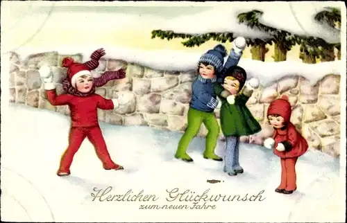 Ak Glückwunsch Neujahr, Kinder bei Schneeballschlacht