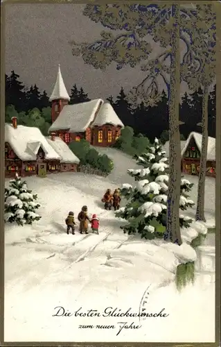 Ak Glückwunsch Neujahr, Dorfansicht im Winter, Kirche, Tannenbaum