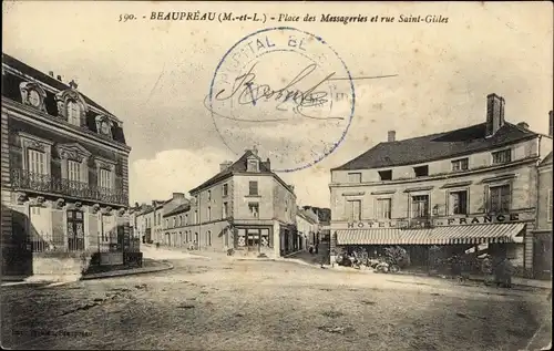 Ak Beaupréau Maine et Loire, Place des Messageries et rue Saint Gisles, Hotel de France