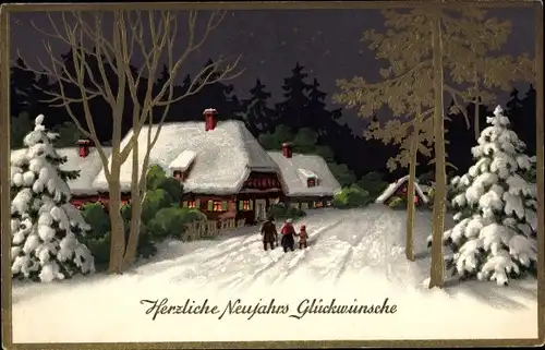 Ak Glückwunsch Neujahr, Häuser, Familie, Spaziergang